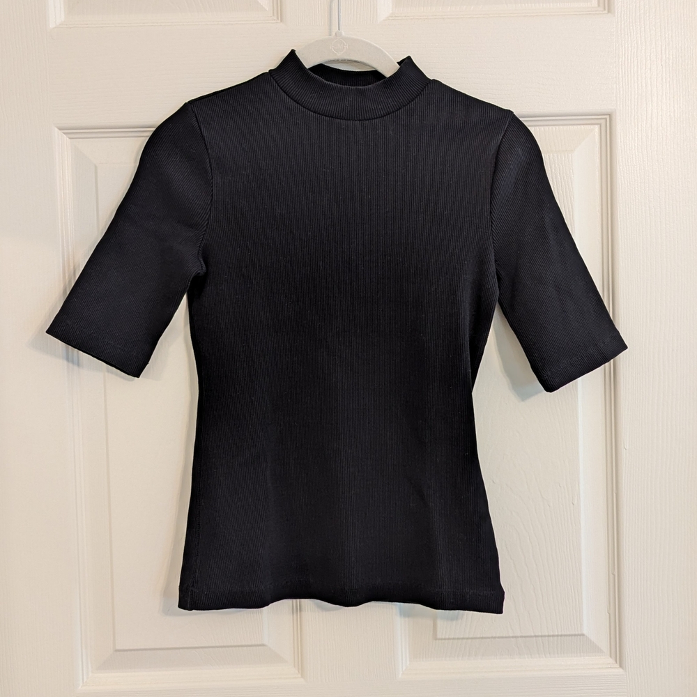 Maeve by Anthropologie Black Mock-Neck Elbow Sleeve Rib-Knit Top